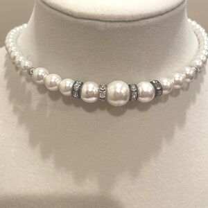 1928 Pearl & Rhinestone beaded 16” Coil Choker necklace, graduated pearls.